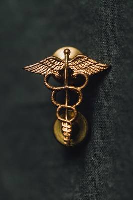 The caduceus, an ancient medical symbol worn by U.S. Army Medical Officers.