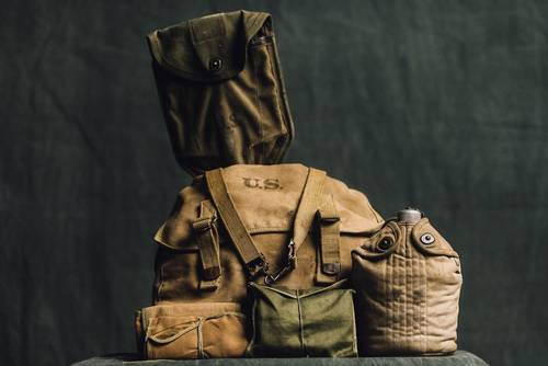Lud’s canvas Musette bag (“rucksack”) and contents that he carried onto the battlefield to treat the wounded.