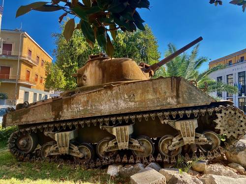 A typical WWII Sherman tank, on display in the Cassino city center square.