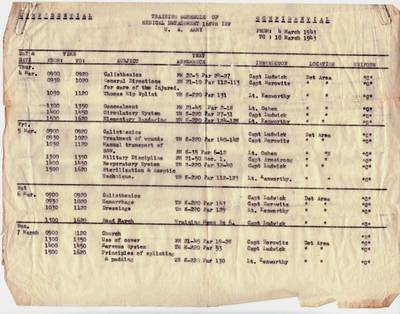 March 4 - 10, 1943; Training Schedule of Medical Detachment 168th Inf, U.S. Army.