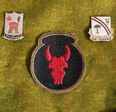 The 34th Infantry Division's "Red Bull" shoulder patch and 133rd/168th regiments' insignias.