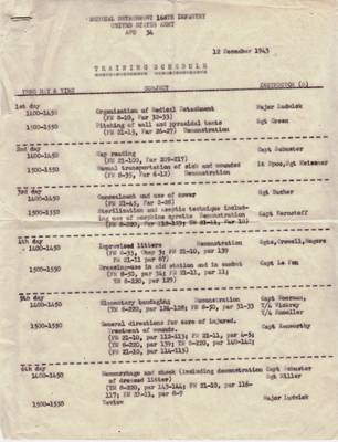December 12 - 26, 1943: 168th Infantry Regiment's Medical Detachment's Training Schedule.