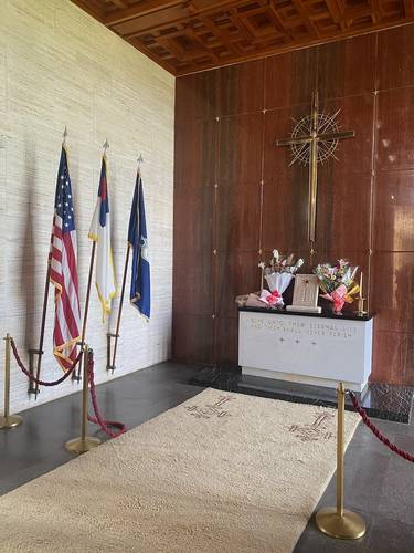 The chapel is a serene refuge of polished marble, flags, and sculpture. All signage at the cemetery is in English, Arabic, and French.  