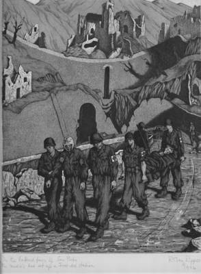 Lud's words: “This is an etching by the artist, Baron Rudolph von Ripper. He was Austrian by birth, and was an artist embedded in our unit. He was also a fearless and skilled member of the Army’s Reconnaissance Patrol and earned two Silver Stars going behind enemy lines.  	As part of the Austrian nobility, von Ripper hated the Nazis, as they had confiscated all of his family’s holdings and killed several family members. After the war, I often wondered about him. This art piece is overly stylized, but it shows a couple of litter bearers carrying a wounded man, and also the dazed “walking wounded.” 