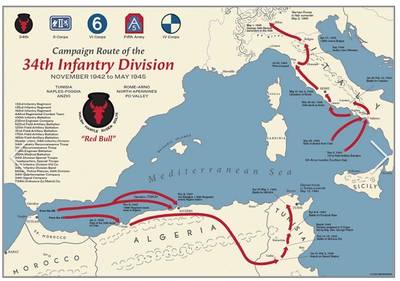 Showing the route of the 34th Infantry Division across North Africa and on into Italy.