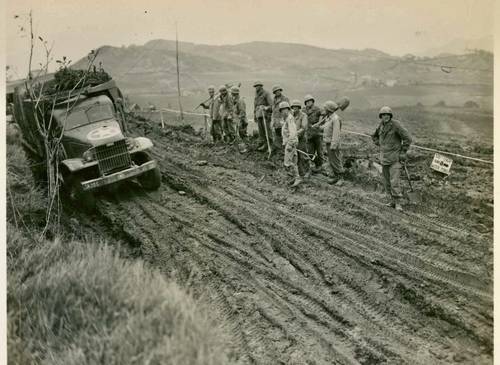 In March 1943, the rains were so incessant that all war operations had to cease. The primitave dirt roads became too muddy for transporting troops and equipment. 