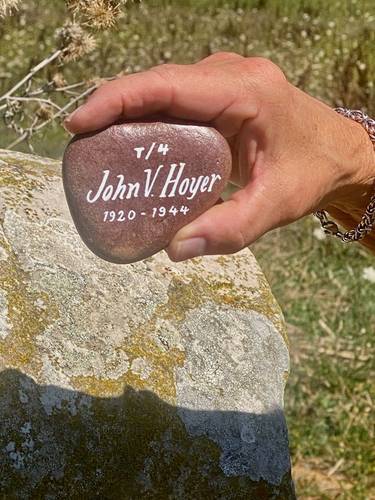 I had found this reddish slightly heart-shaped rock in a friend's garden, and had it painted to commemorate where Jack Hoyer was lost.